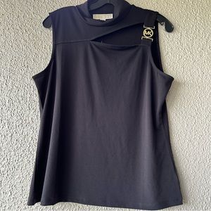 Michael Kors black dressy tank top with a slit on chests gold MK lego large NWT